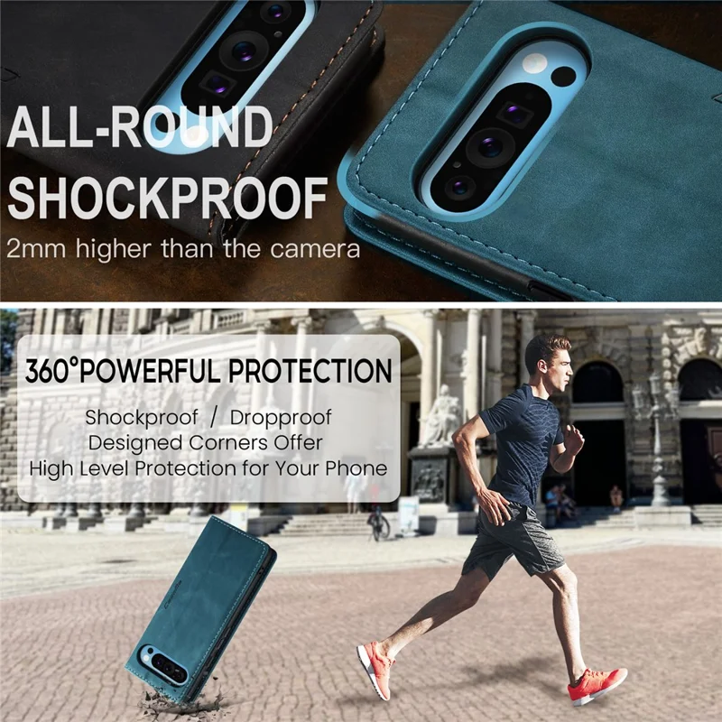 Capa para Google Pixel 9 Pro XL da série 013 da CASEME com suporte para cartão e cobertura de telefone de couro - Azul