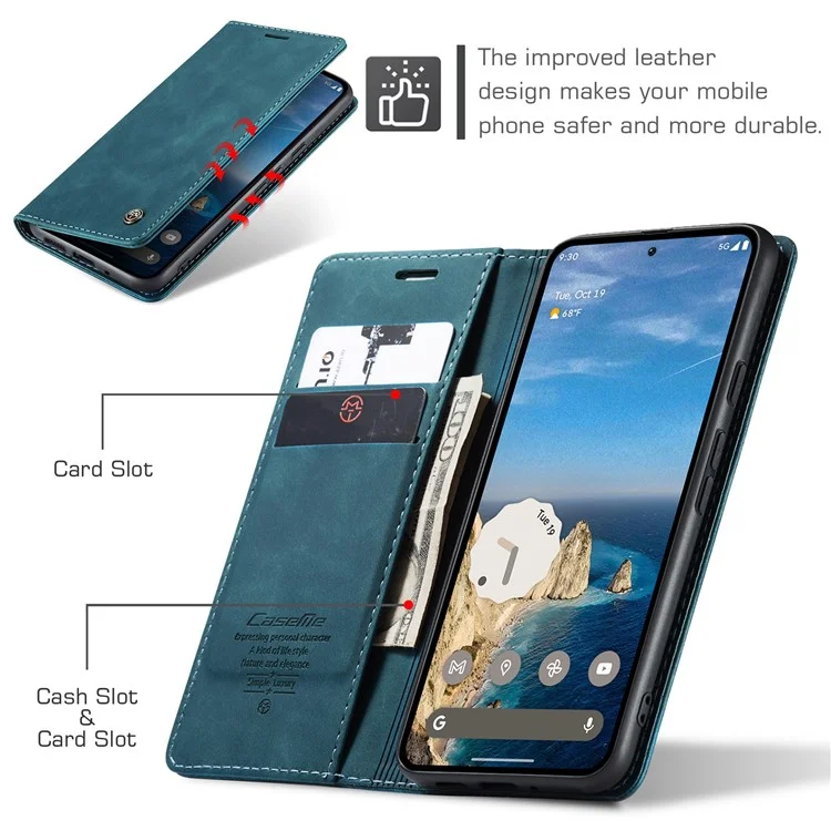 CASEME 013 Series Para Google Pixel 9 Pro / Pixel 9 Case Titular do Cartão Suporte Capa de Telefone de Couro - Azul