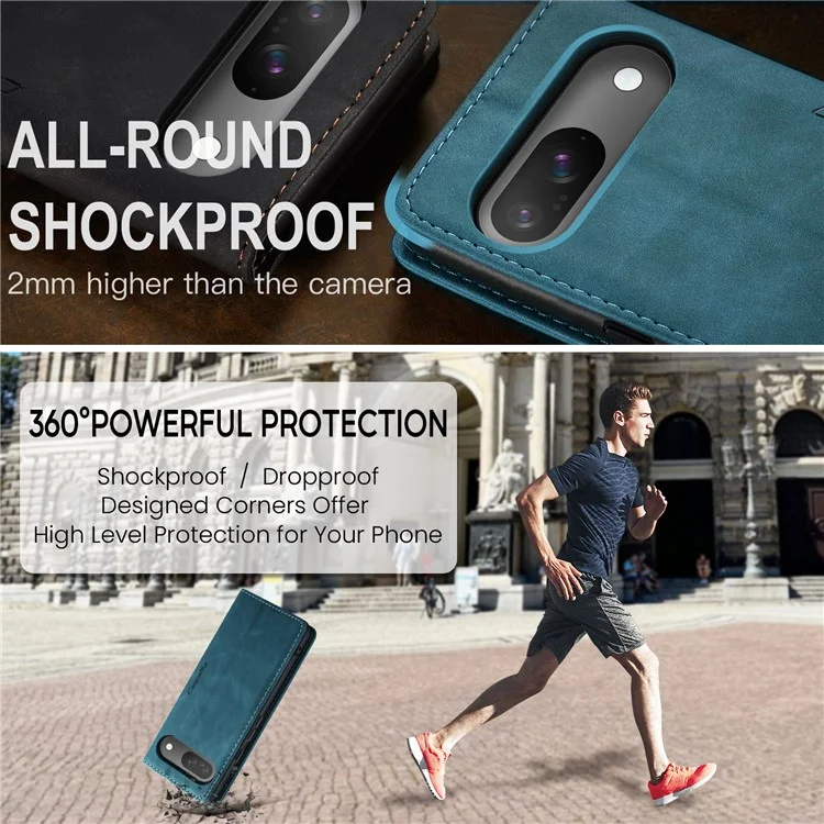 CASEME 013 Series Para Google Pixel 9 Pro / Pixel 9 Case Titular do Cartão Suporte Capa de Telefone de Couro - Azul