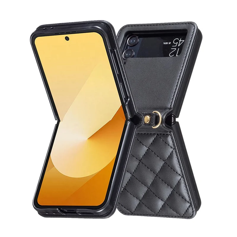 Para Samsung Galaxy Z Flip4 5G de Cuero Back Case de Rombos Teléfono Con Correa Para el Hombro - Negro