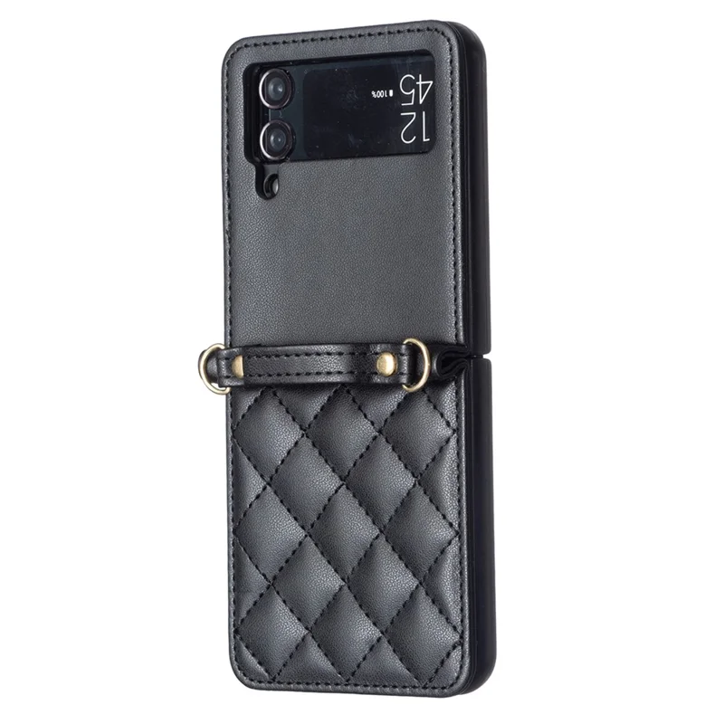Para Samsung Galaxy Z Flip4 5G de Cuero Back Case de Rombos Teléfono Con Correa Para el Hombro - Negro