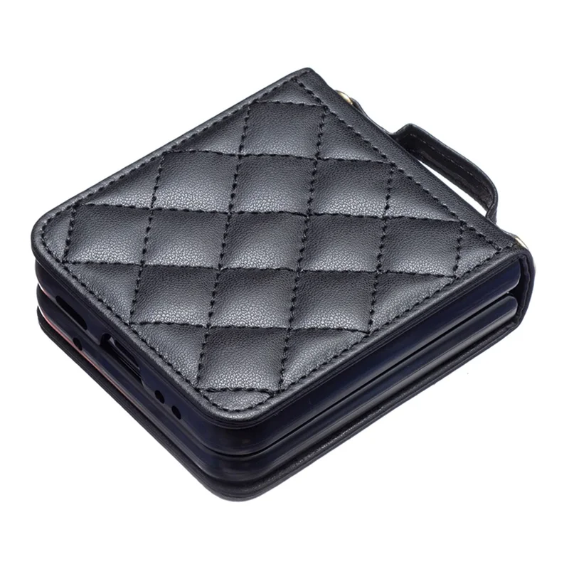 Para Samsung Galaxy Z Flip4 5G de Cuero Back Case de Rombos Teléfono Con Correa Para el Hombro - Negro
