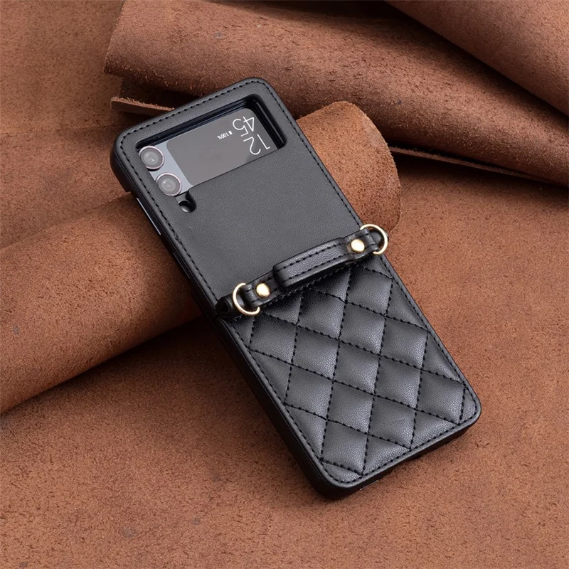 Para Samsung Galaxy Z Flip4 5G de Cuero Back Case de Rombos Teléfono Con Correa Para el Hombro - Negro