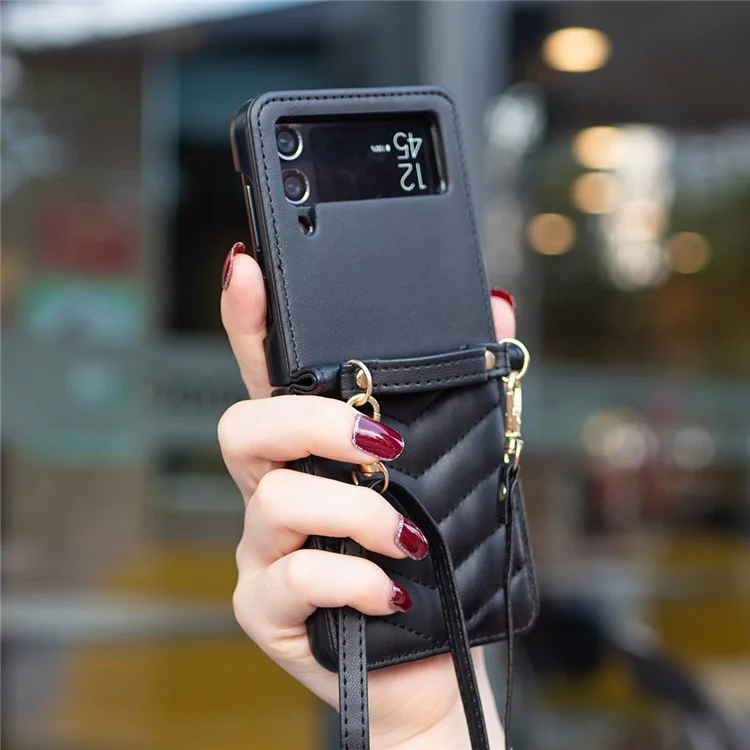Para Samsung Galaxy Z Flip4 5g Caso Case Padrão Tampa Traseira Com Alça de Ombro - Preto