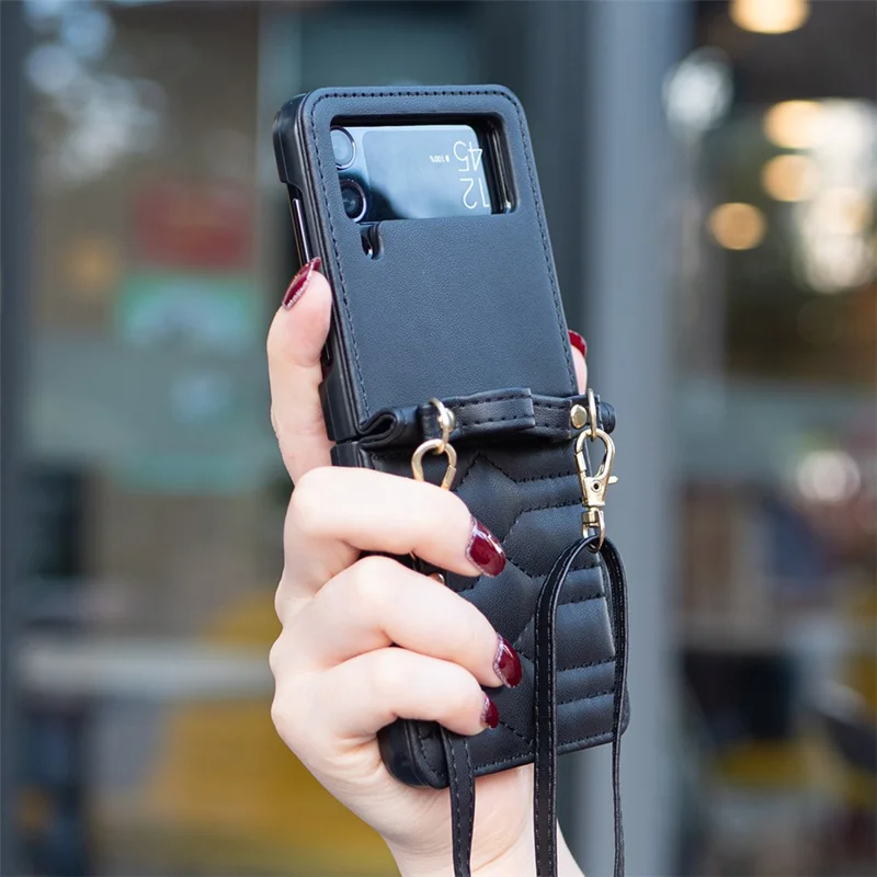 For Samsung Galaxy Z Flip4 5G Leather Case V-Shape Grip Back Cover with Shoulder Strap - Black