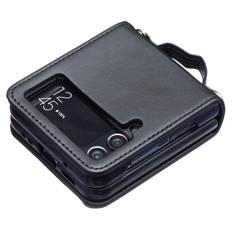 For Samsung Galaxy Z Flip4 5G Leather Case V-Shape Grip Back Cover with Shoulder Strap - Black