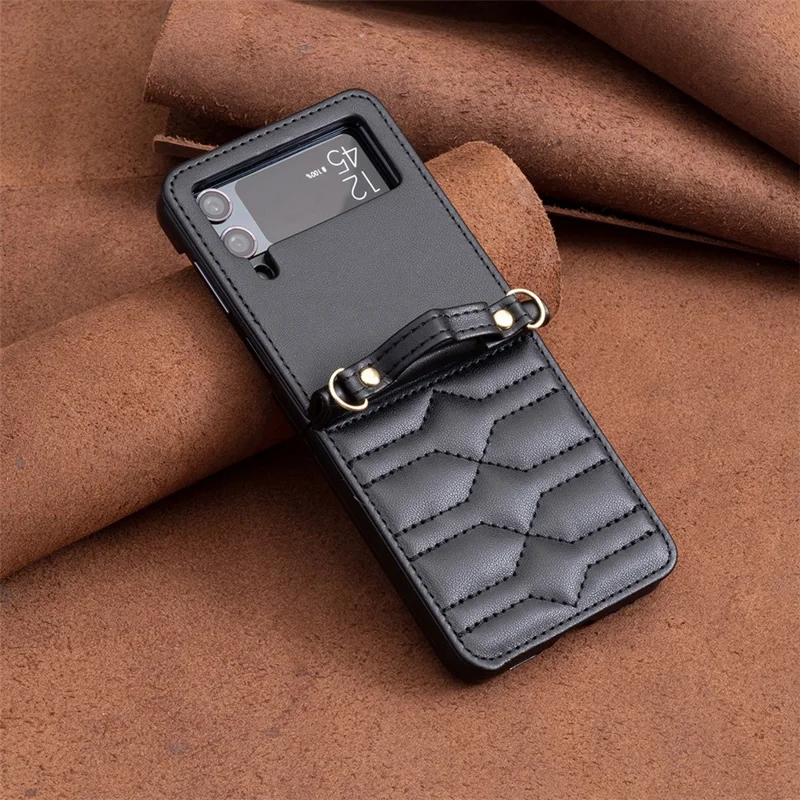 For Samsung Galaxy Z Flip4 5G Leather Case V-Shape Grip Back Cover with Shoulder Strap - Black