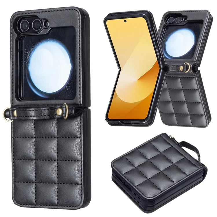 Для Samsung Galaxy Z Flip6 5G / Z Flip5 5g Chace Case Square Grid Кожаная Крышка с Плечевым Ремнем - Черный