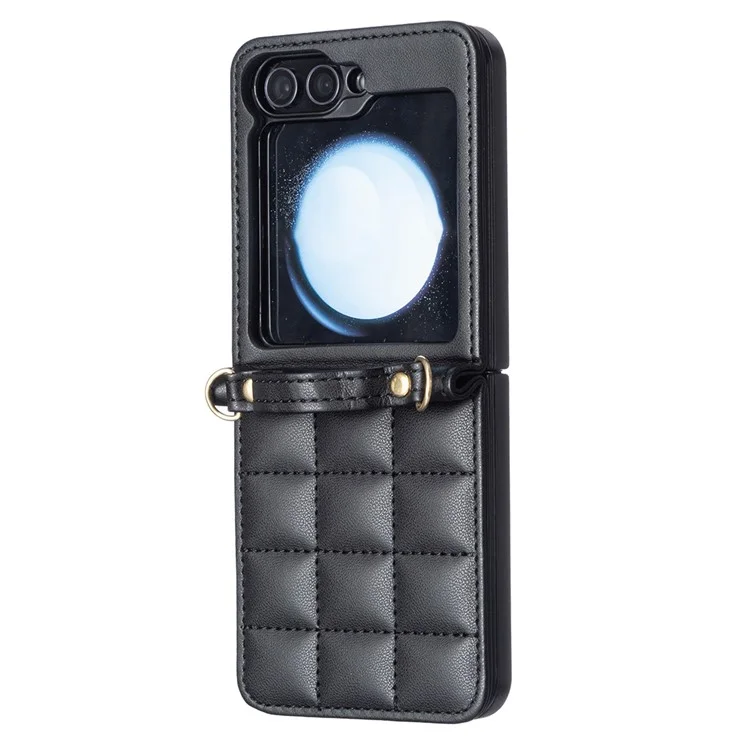 Для Samsung Galaxy Z Flip6 5G / Z Flip5 5g Chace Case Square Grid Кожаная Крышка с Плечевым Ремнем - Черный