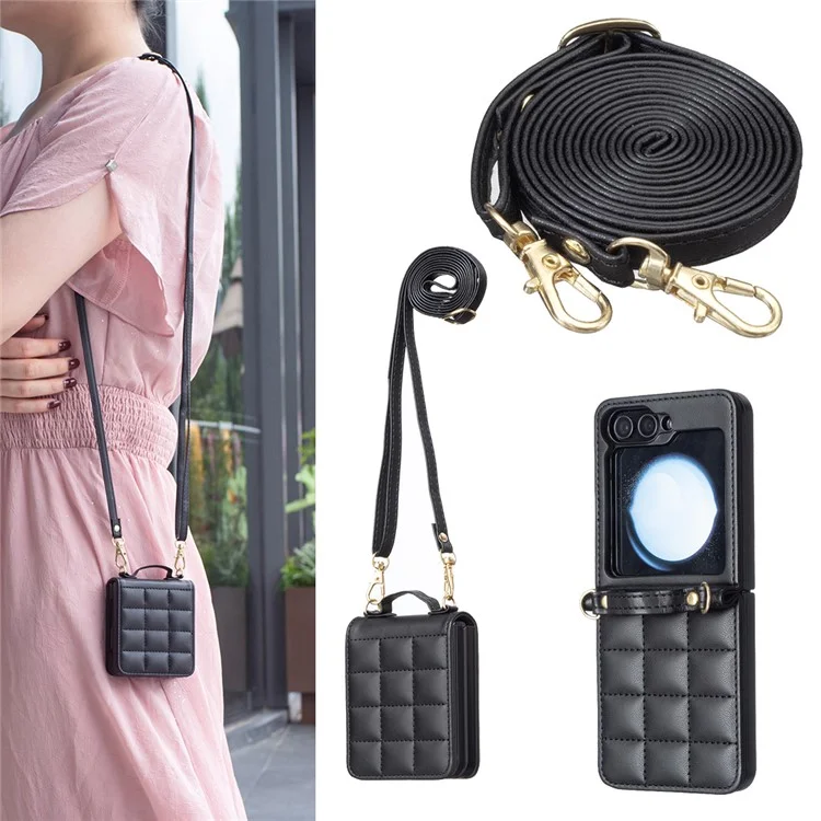 Для Samsung Galaxy Z Flip6 5G / Z Flip5 5g Chace Case Square Grid Кожаная Крышка с Плечевым Ремнем - Черный