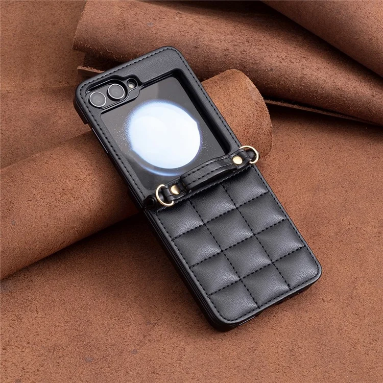 Для Samsung Galaxy Z Flip6 5G / Z Flip5 5g Chace Case Square Grid Кожаная Крышка с Плечевым Ремнем - Черный