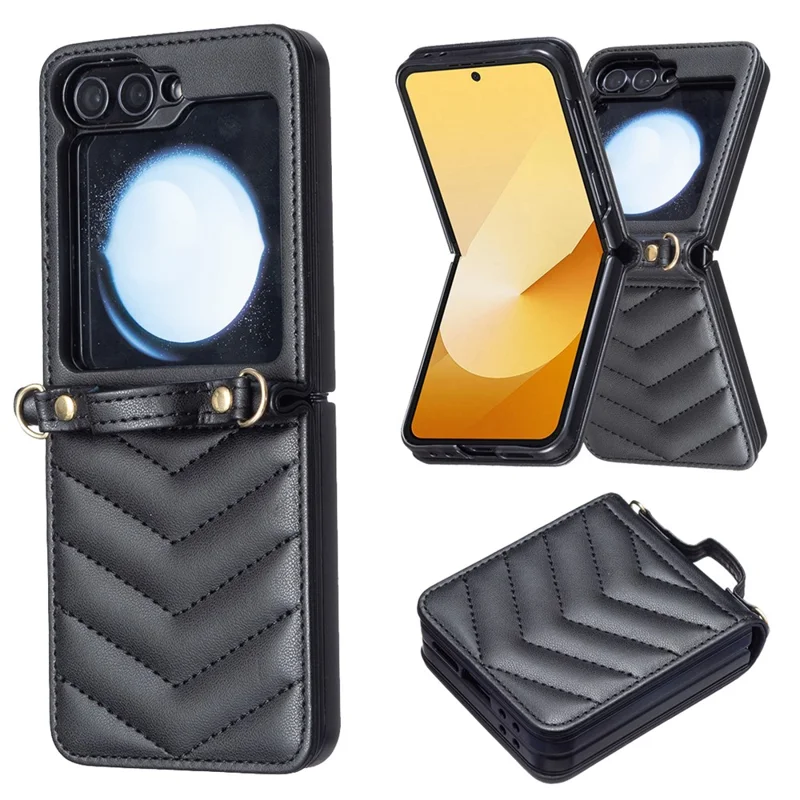 Para Samsung Galaxy Z Flip6 5G / Z Flip5 5G Case de Cuero Patrón de Onda Tapa Trasera Con Correa Para el Hombro - Negro
