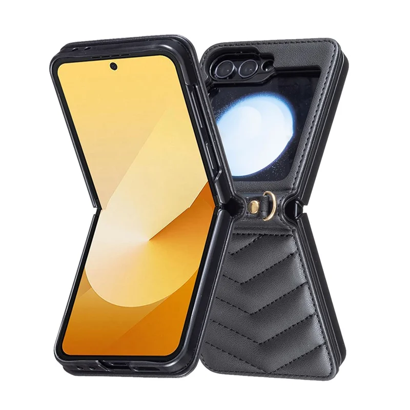 Para Samsung Galaxy Z Flip6 5G / Z Flip5 5G Case de Cuero Patrón de Onda Tapa Trasera Con Correa Para el Hombro - Negro