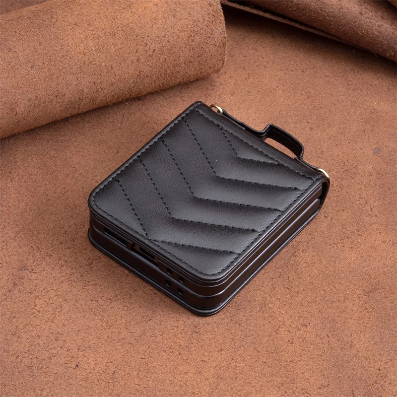 Para Samsung Galaxy Z Flip6 5G / Z Flip5 5G Case de Cuero Patrón de Onda Tapa Trasera Con Correa Para el Hombro - Negro