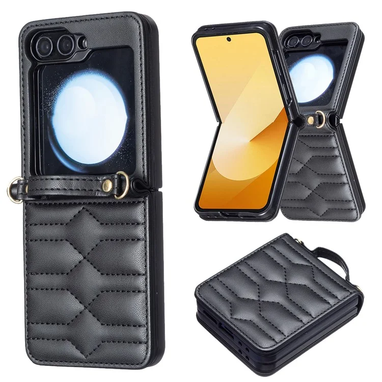 Für Samsung Galaxy Z Flip6 5G / Z Flip5 5G Ledertasche V-Form Griffrückenabdeckung mit Schultergurt - Schwarz