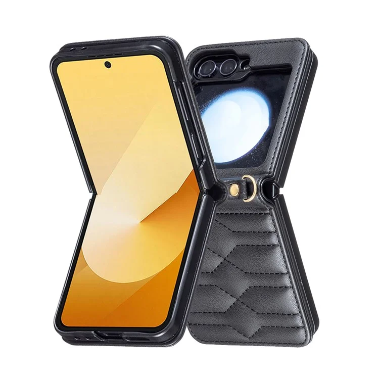 Für Samsung Galaxy Z Flip6 5G / Z Flip5 5G Ledertasche V-Form Griffrückenabdeckung mit Schultergurt - Schwarz