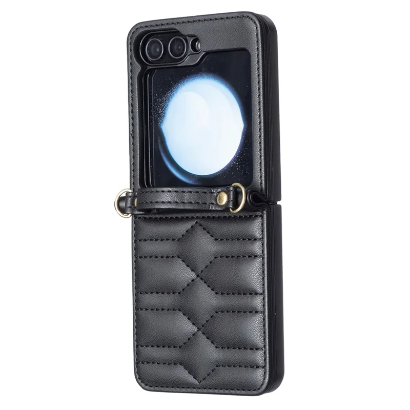 Für Samsung Galaxy Z Flip6 5G / Z Flip5 5G Ledertasche V-Form Griffrückenabdeckung mit Schultergurt - Schwarz