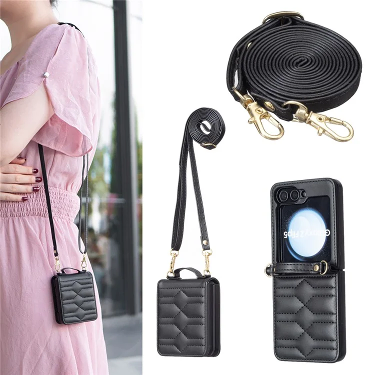 Für Samsung Galaxy Z Flip6 5G / Z Flip5 5G Ledertasche V-Form Griffrückenabdeckung mit Schultergurt - Schwarz