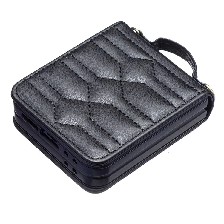 Für Samsung Galaxy Z Flip6 5G / Z Flip5 5G Ledertasche V-Form Griffrückenabdeckung mit Schultergurt - Schwarz