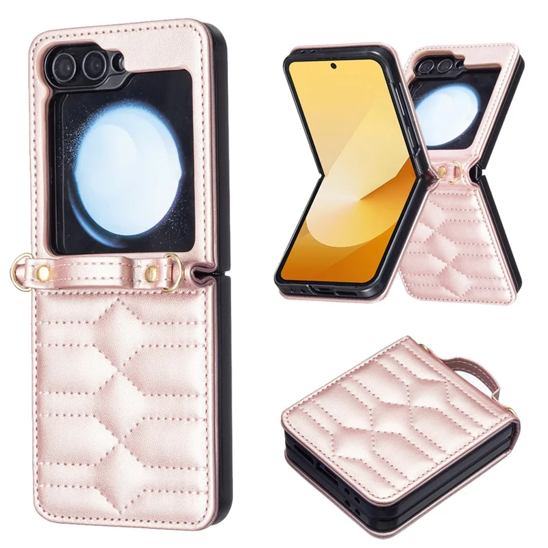 For Samsung Galaxy Z Flip7 FE 5G / Z Flip6 5G / Z Flip5 5G Leather Case V-Shape Grip Back Cover with Shoulder Strap - Rose Gold