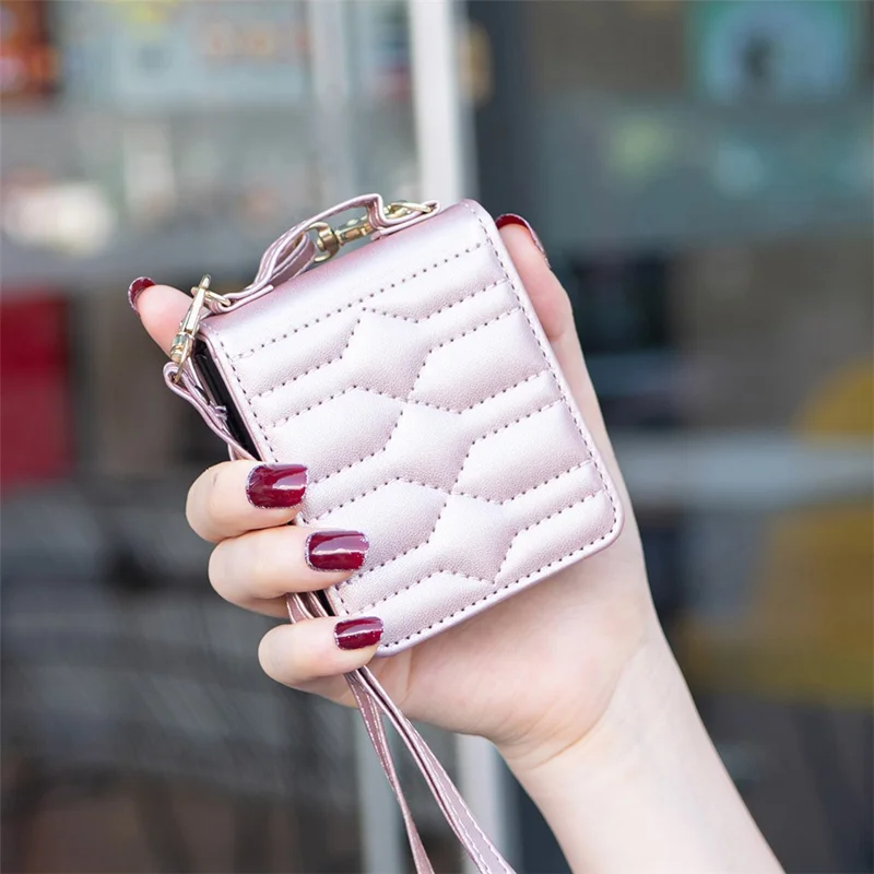 For Samsung Galaxy Z Flip7 FE 5G / Z Flip6 5G / Z Flip5 5G Leather Case V-Shape Grip Back Cover with Shoulder Strap - Rose Gold