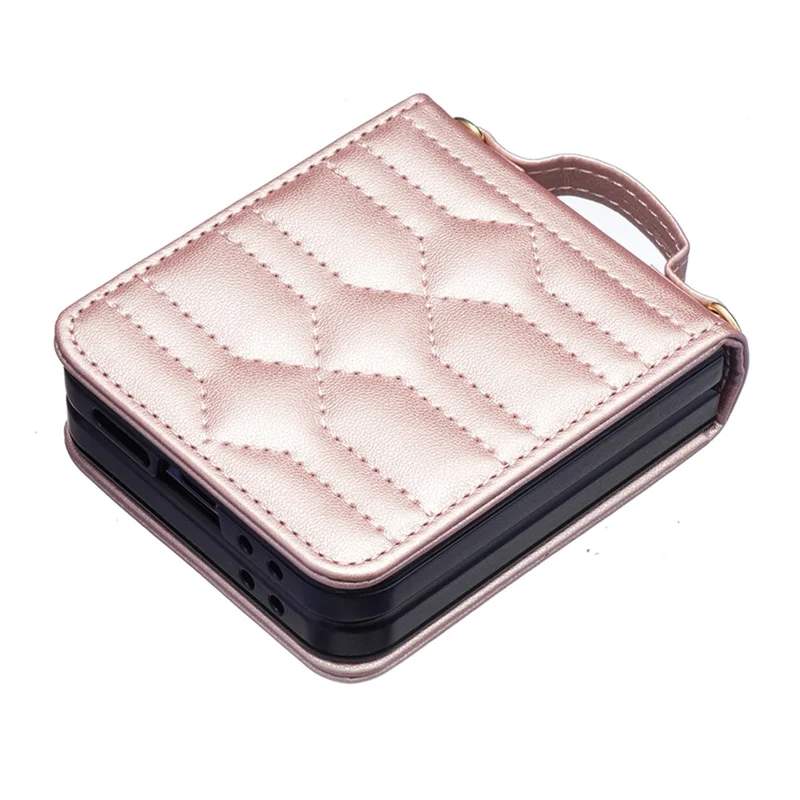 For Samsung Galaxy Z Flip7 FE 5G / Z Flip6 5G / Z Flip5 5G Leather Case V-Shape Grip Back Cover with Shoulder Strap - Rose Gold