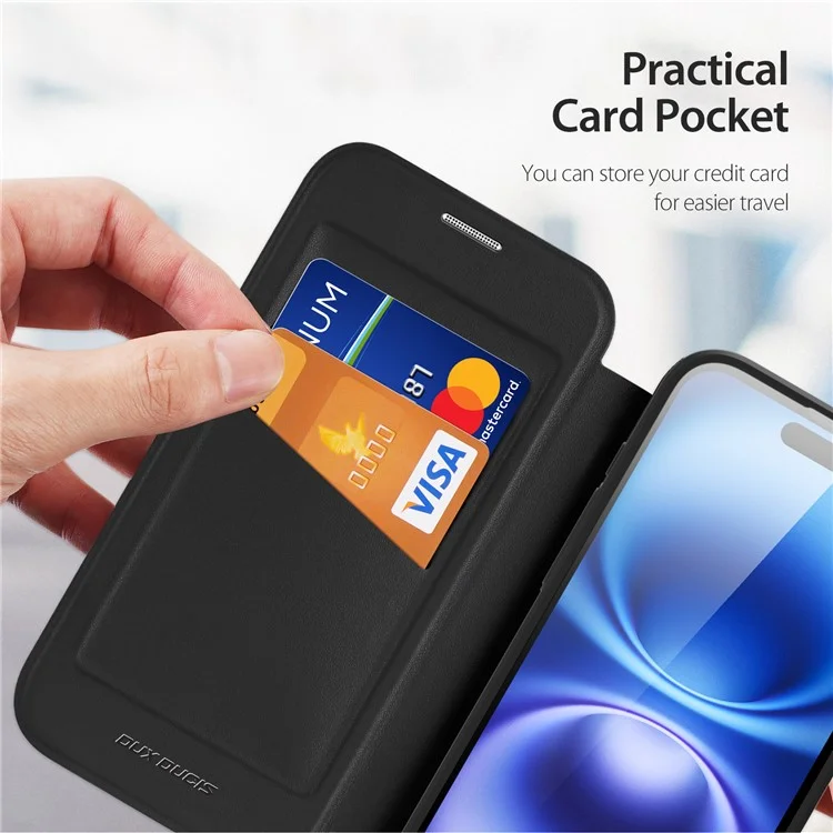 DUX DUCIS Skin X Pro Series for iPhone 16 Magnetic Case Rotary Kickstand Card Slot Leather Phone Cover - Black