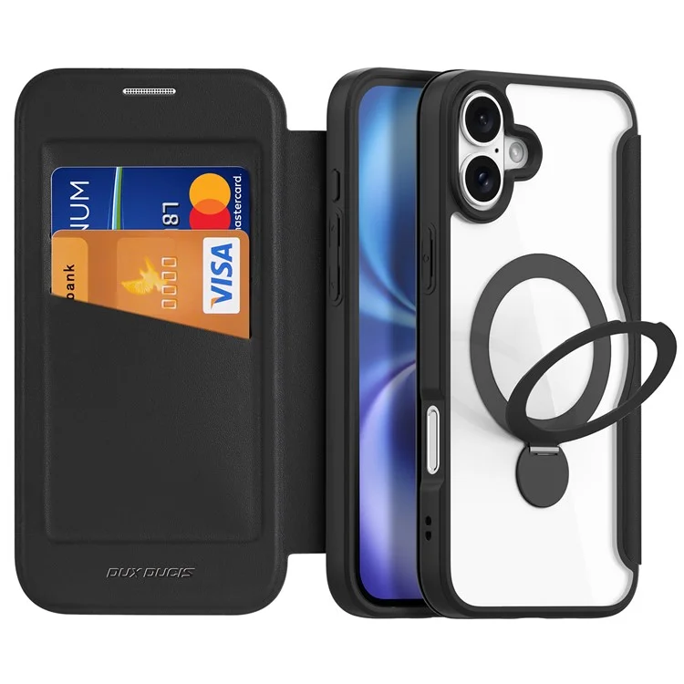 DUX DUCIS Skin X Pro Series for iPhone 16 Magnetic Case Rotary Kickstand Card Slot Leather Phone Cover - Black