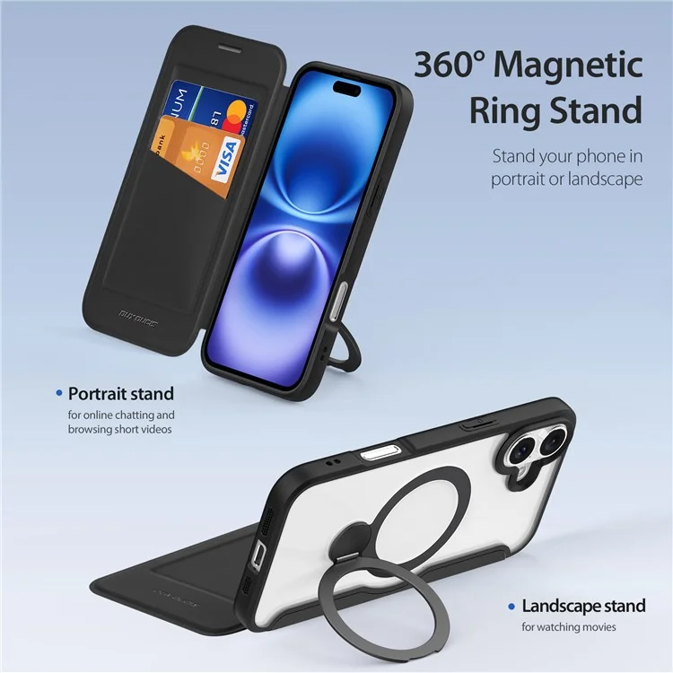 DUX DUCIS Skin X Pro Series for iPhone 16 Magnetic Case Rotary Kickstand Card Slot Leather Phone Cover - Black