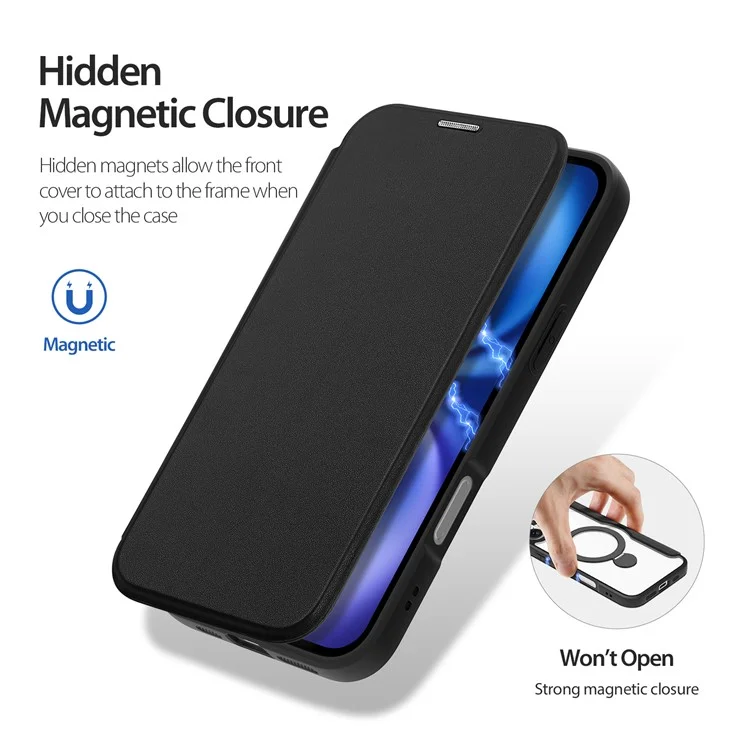 DUX DUCIS Skin X Pro Series for iPhone 16 Magnetic Case Rotary Kickstand Card Slot Leather Phone Cover - Black