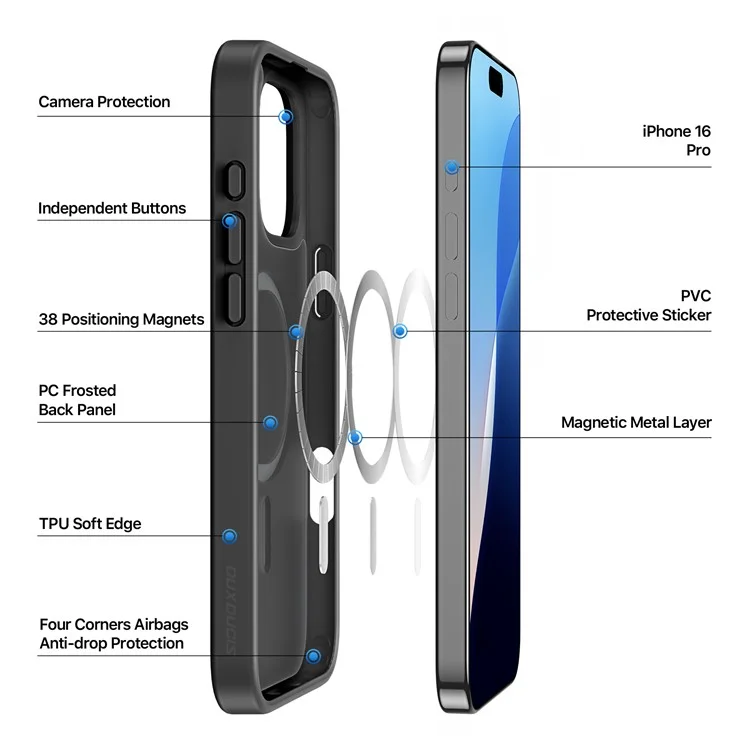 DUX DUCIS Yind Series per iPhone 16 Pro Custodia magnetica Airbag Angoli PC+TPU Custodia opaca per telefono - Nero