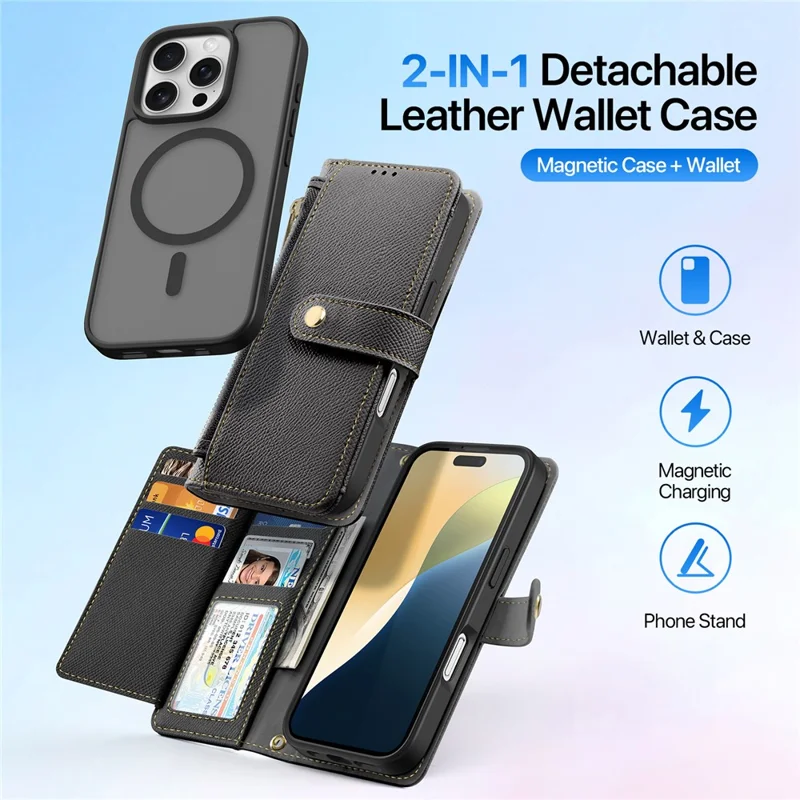 DUX DUCIS Lawa Series for iPhone 16 Pro Max Magnetic Case Cowhide Leather Detachable Phone Cover - Black