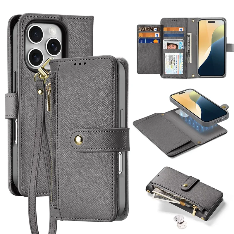 DUX DUCIS Lawa Series para iPhone 16 Pro Estuche magnético con cremallera y billetera Cubierta de piel de vaca desmontable - Gris