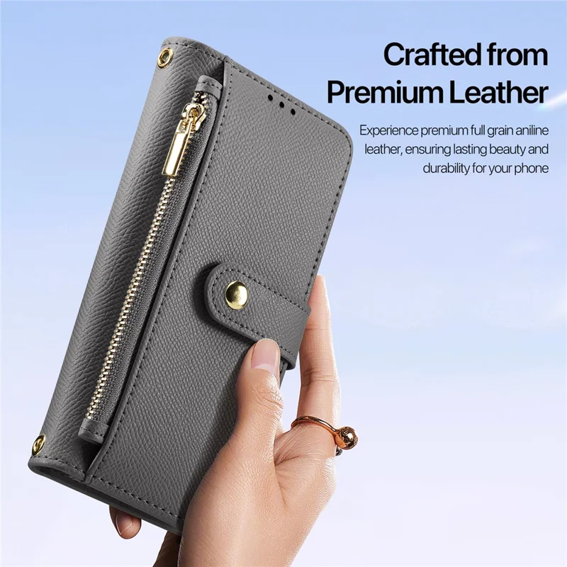 DUX DUCIS Lawa Series para iPhone 16 Pro Estuche magnético con cremallera y billetera Cubierta de piel de vaca desmontable - Gris