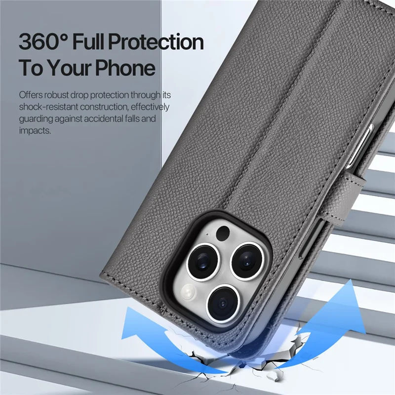 DUX DUCIS Lawa Series para iPhone 16 Pro Estuche magnético con cremallera y billetera Cubierta de piel de vaca desmontable - Gris