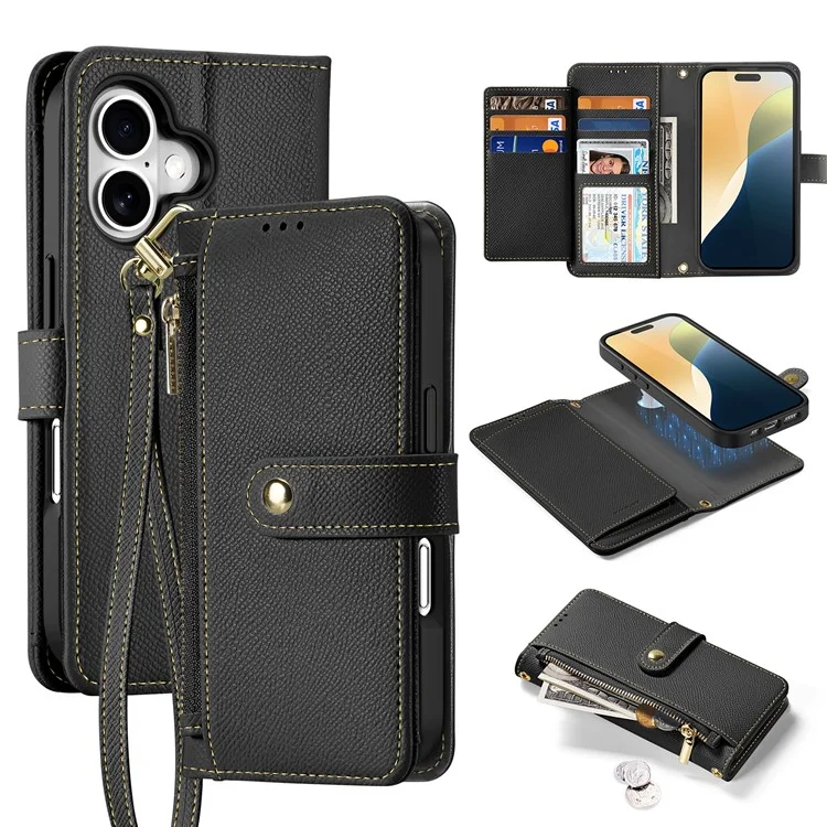 DUX DUCIS Lawa Serie für iPhone 16 Plus Hülle kompatibel mit MagSafe abnehmbare Kuhlederbrieftasche Abdeckung - Schwarz