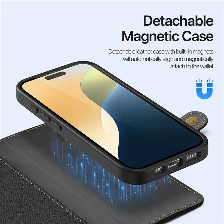 DUX DUCIS Lawa Serie für iPhone 16 Plus Hülle kompatibel mit MagSafe abnehmbare Kuhlederbrieftasche Abdeckung - Schwarz