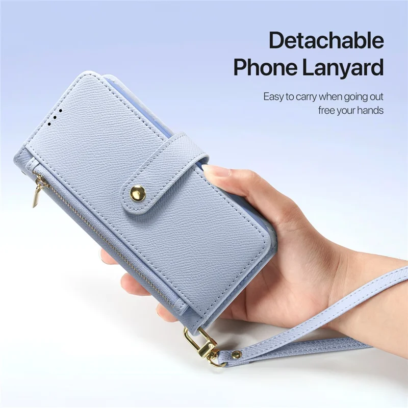 DUX DUCIS Lawa Series for iPhone 16 Magnetic Case Detachable Zipper Wallet Cowhide Leather Cover - Baby Blue