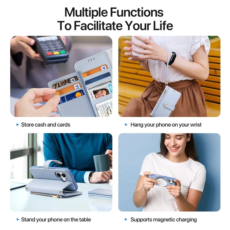 DUX DUCIS Lawa Series for iPhone 16 Magnetic Case Detachable Zipper Wallet Cowhide Leather Cover - Baby Blue