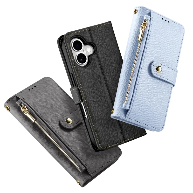 DUX DUCIS Lawa Series for iPhone 16 Magnetic Case Detachable Zipper Wallet Cowhide Leather Cover - Baby Blue