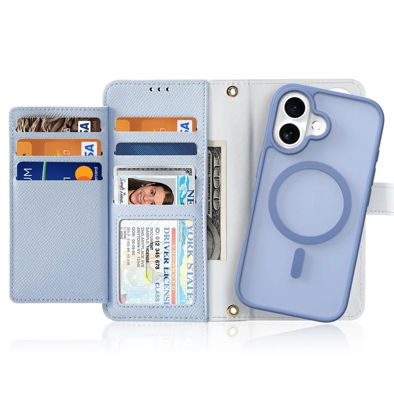 DUX DUCIS Lawa Series for iPhone 16 Magnetic Case Detachable Zipper Wallet Cowhide Leather Cover - Baby Blue