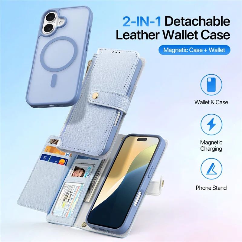 DUX DUCIS Lawa Series for iPhone 16 Magnetic Case Detachable Zipper Wallet Cowhide Leather Cover - Baby Blue