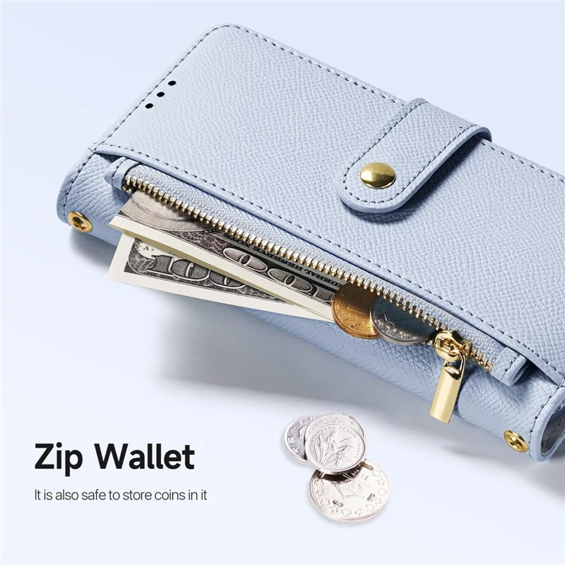 DUX DUCIS Lawa Series for iPhone 16 Magnetic Case Detachable Zipper Wallet Cowhide Leather Cover - Baby Blue