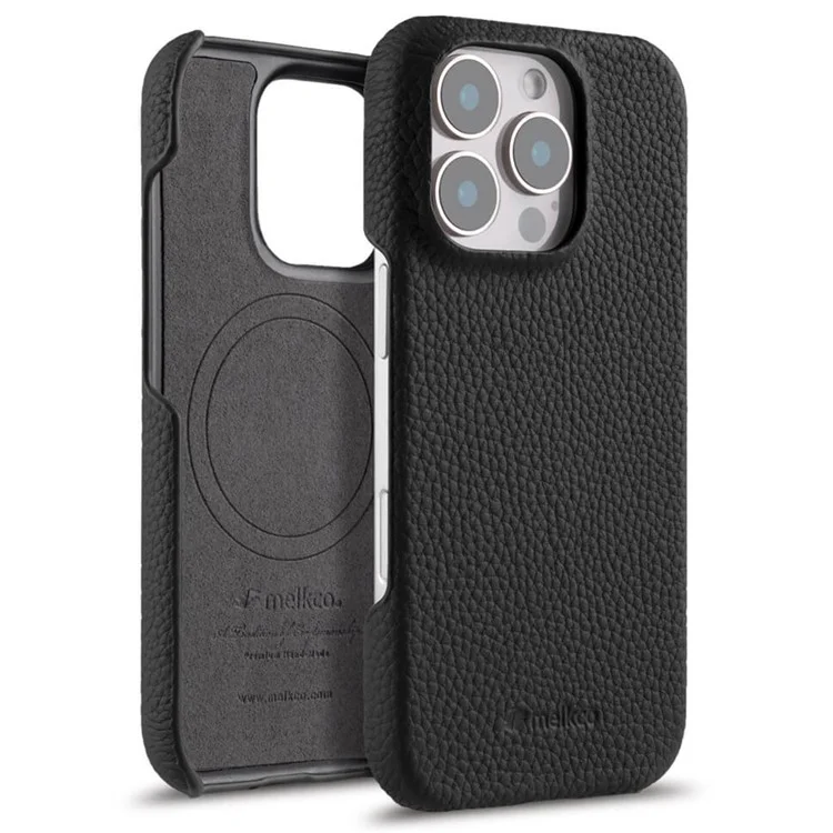 MELKCO For iPhone 16 Pro Max Case Genuine Cow Leather PC Phone Cover Compatible with MagSafe - Black