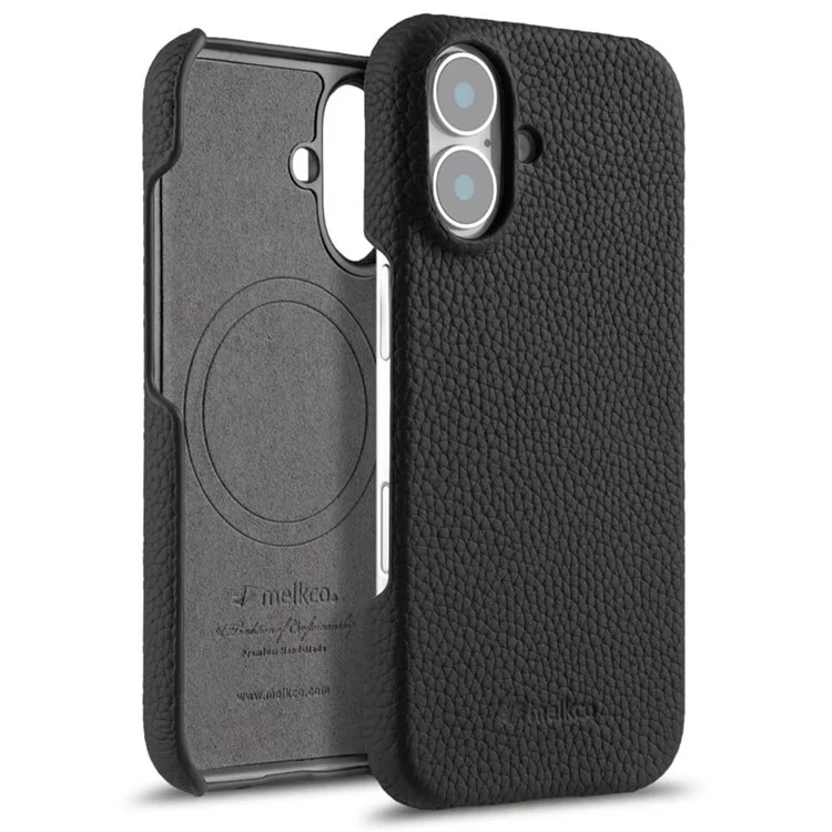 MELKCO para iPhone 16 funda de auténtica piel de vaca Cubierta de teléfono PC compatible con MagSafe - Negro