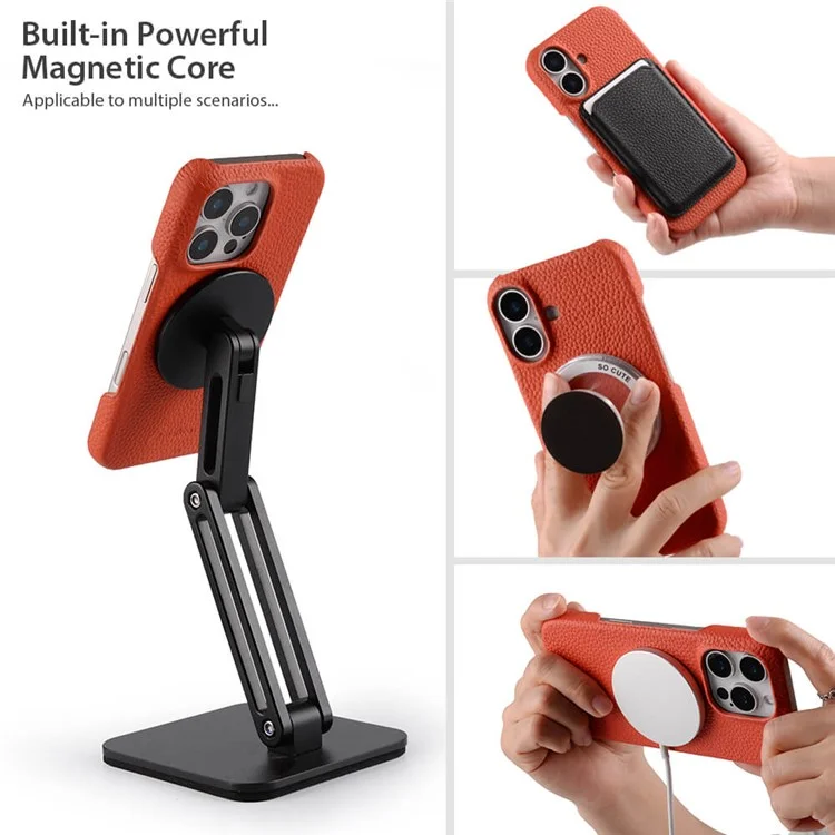 MELKCO para iPhone 16 funda de auténtica piel de vaca Cubierta de teléfono PC compatible con MagSafe - Negro