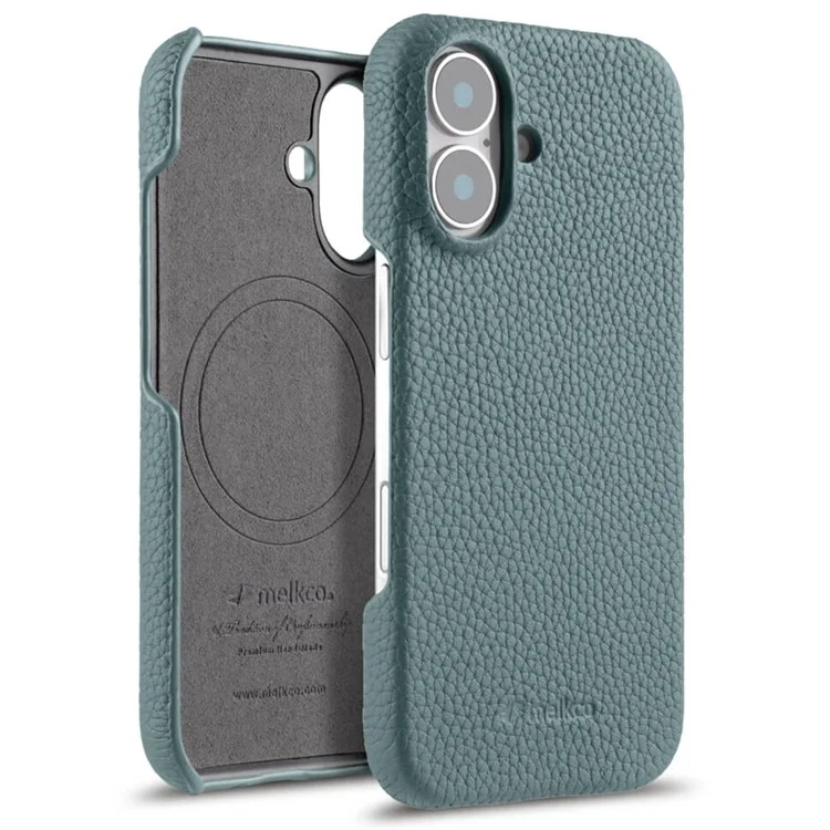 MELKCO For iPhone 16 Plus Case Genuine Cow Leather PC Phone Cover Compatible with MagSafe - Blue