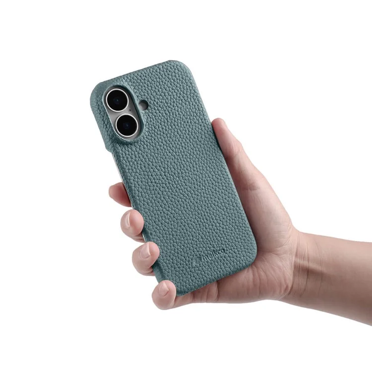 MELKCO For iPhone 16 Plus Case Genuine Cow Leather PC Phone Cover Compatible with MagSafe - Blue