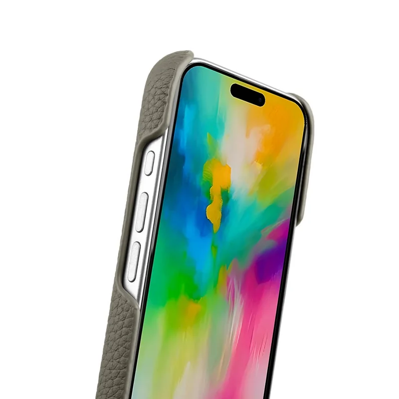 MELKCO Para iPhone 16 Pro Caso Genuíno de Couro de Vaca Capa de Telefone PC Compatível com MagSafe - Cinza