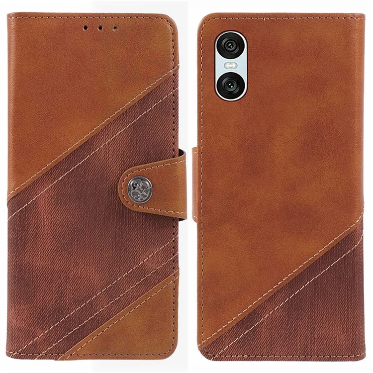 For Sony Xperia 10 VI Case Splicing Texture Leather Phone Cover Viewing Stand - Brown